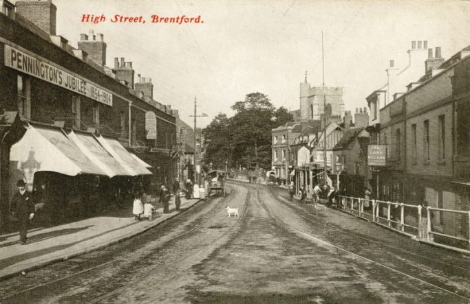 View looking east from Brentford Bridge, including St Lawrence's church